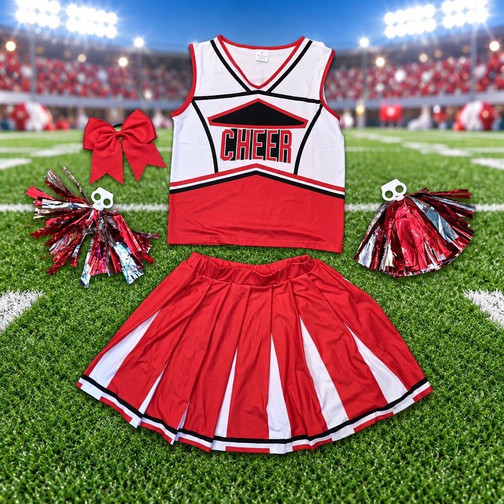 Cheerleader Costume Women’s Size S Small Top Skirt Bow Pom Poms Sexy New C144